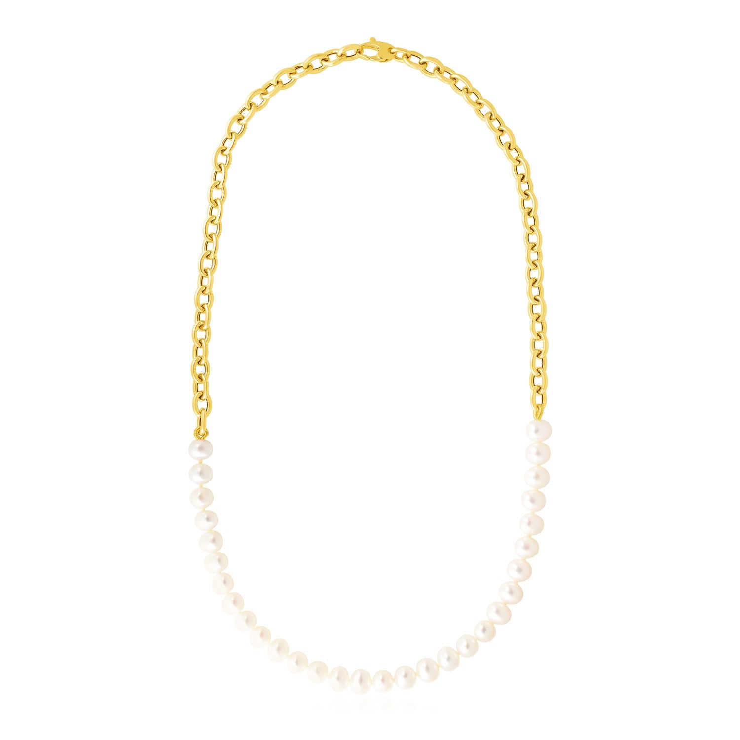 14k Yellow Gold Oval Chain Necklace with Pearls in a sleek high-contrast midnight luxury editorial style